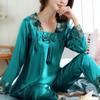 Pajama Women's Summer Ice Silk Long Sleeved Pants Two-piece Set Loose Oversized Lace Sexy Home Clothing Autumn