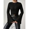 Women S Knit Sweater Pullover Round Neck Flare Sleeve Solid Color Casual Top