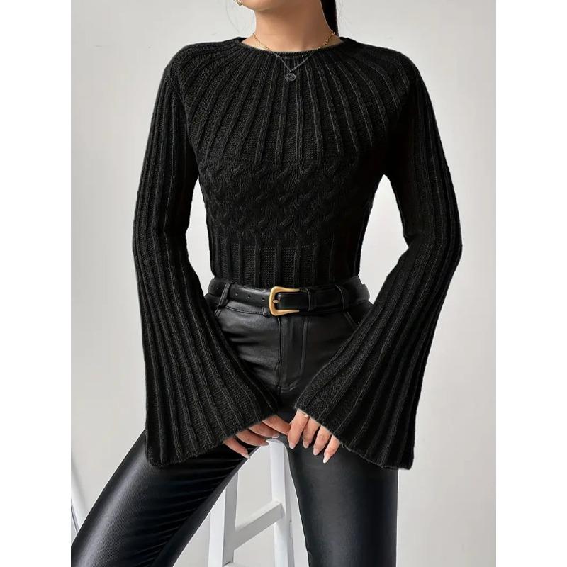 Women S Knit Sweater Pullover Round Neck Flare Sleeve Solid Color Casual Top