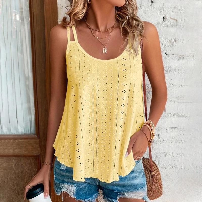 Letní O-krk Jednobarevné Duté Volné Dámské Halenky Topy Módní Nové Bez Rukávů Ďáblové S Kapucí Plus Size Trička pro Dámské Elegantní Vintage Jednoduchá Dámská Trička 26195