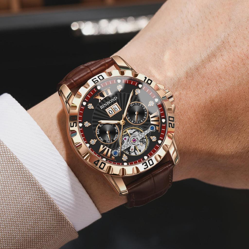 BINBOND Automatic Tourbillon Mechanical Wristwatches for Men Luxury Luminous Waterproof Men's Business Watch