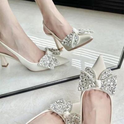 2026 Summer Sandals Fashion Rhinestone Bowknot Women Pumps Sexy Pointed Toe Stiletto Strap Single High Heels Party Prom Shoes