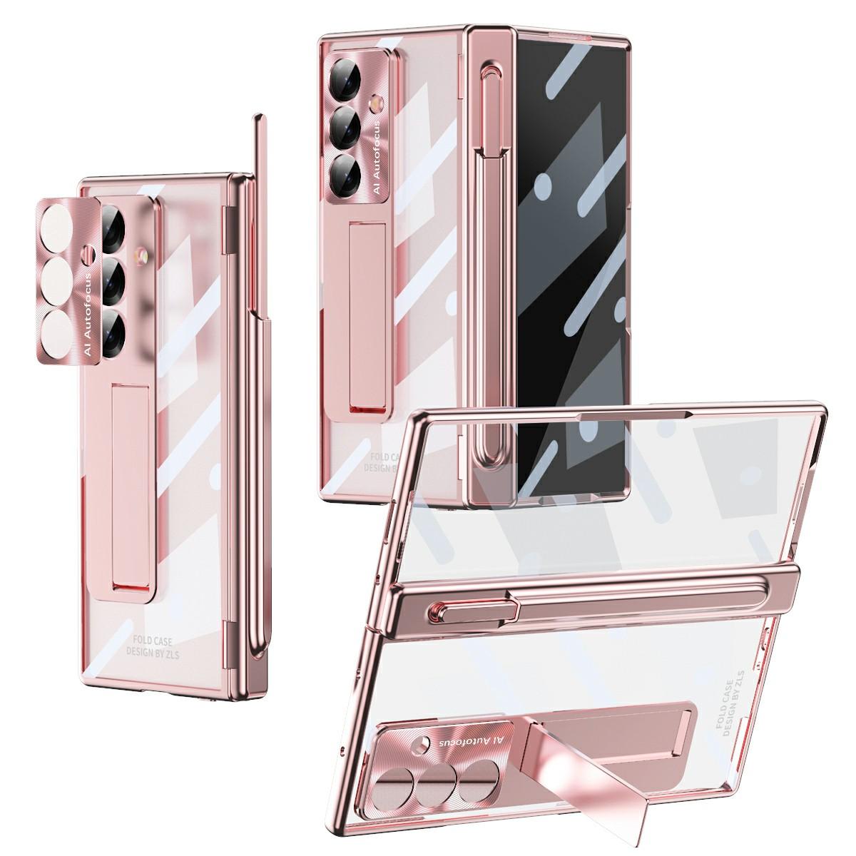 

For Samsung Galaxy Z Fold7 5G Case Magnetic Hinge Electroplated PC Phone Cover with Tempered Glass Film/Stylus Pink