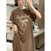 Korean alphabet print casual t-shirt dress women's lazy style loose medium and long knee split lazy skirt