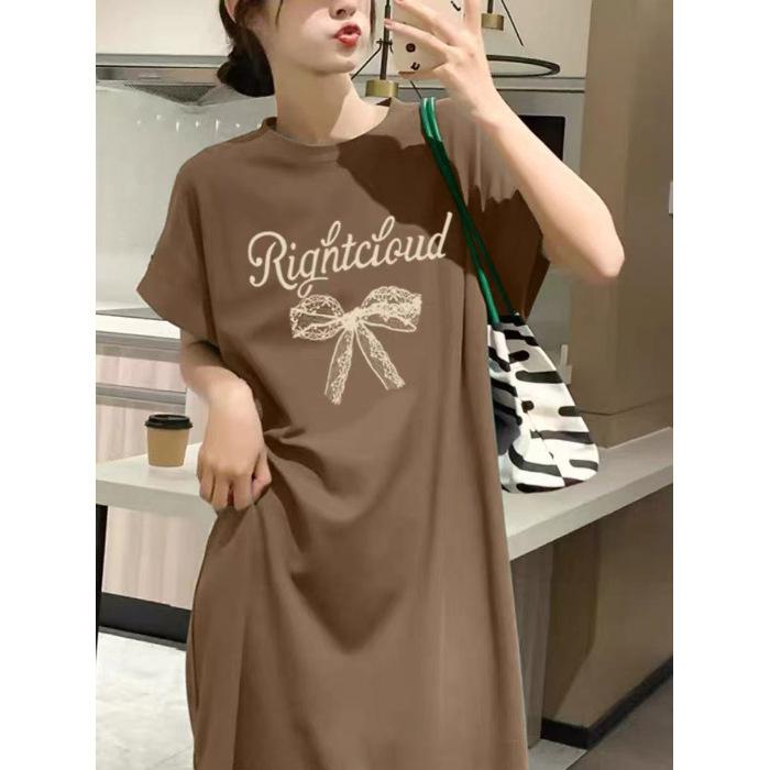 Korean alphabet print casual t-shirt dress women's lazy style loose medium and long knee split lazy skirt