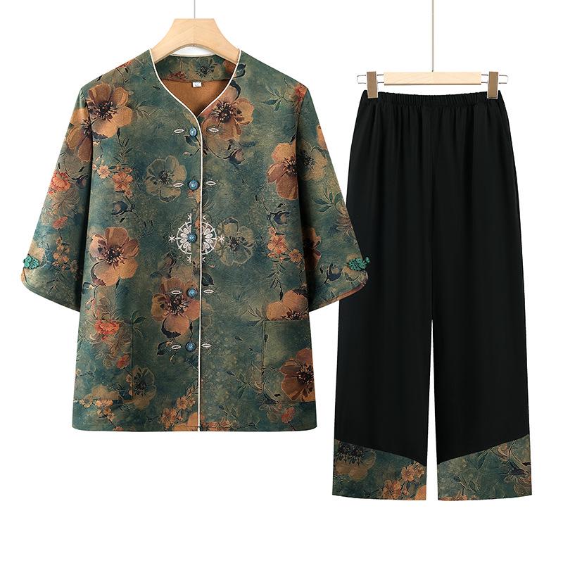 

Chinese Style Women s Summer Suit: Three-Quarter Sleeve Top & Two-Piece Set for Middle-Aged and Elderly 4XL (130-145 jin) зелений
