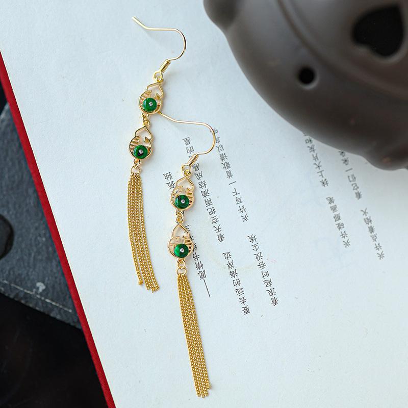 14K Gold Plated Burmese Jade Gourd Earrings with Spicy Green Abacus Beads - Elegant and Luxurious Design for Women.
