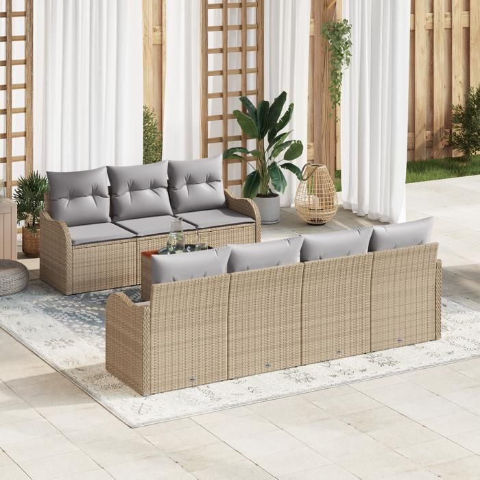 Canapé de jardin 8 pièces avec coussins beige poly rattan acacia, Canapé de jardin 2 places avec rangement et coussins beige 3356082