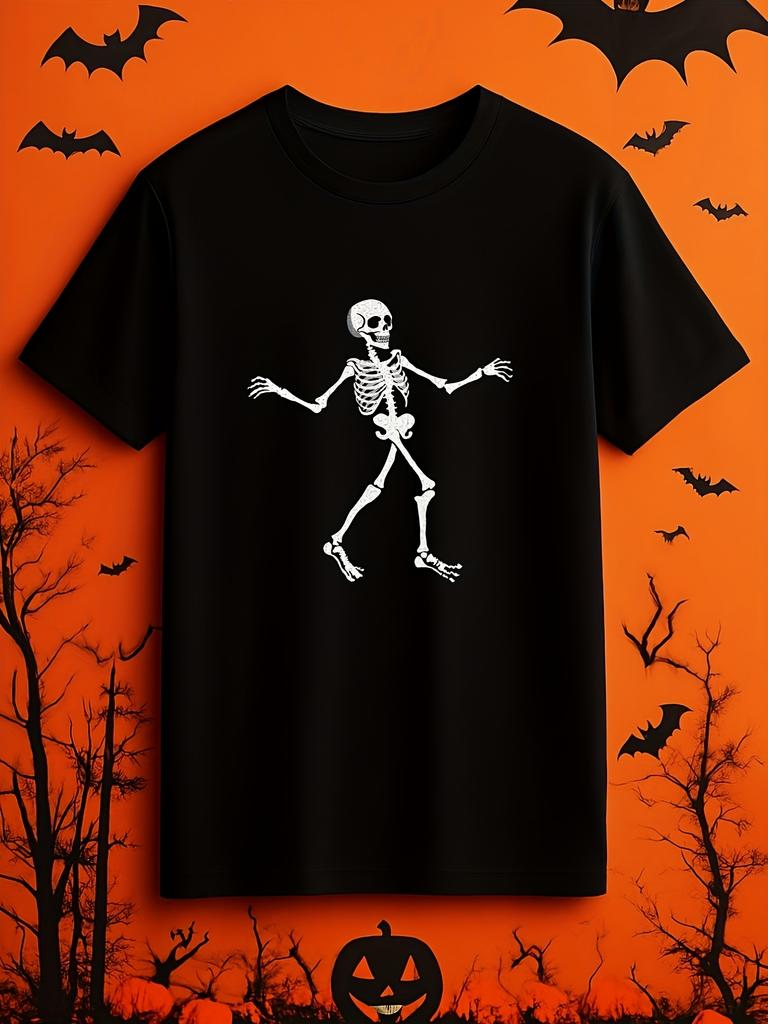 Men S Retro Gothic Skeleton Dance Graphic T Shirt Black & Orange Spooky Bats & Jack O Lanterns Print Dancing Skeletons Design Round Neck Casual & Cost