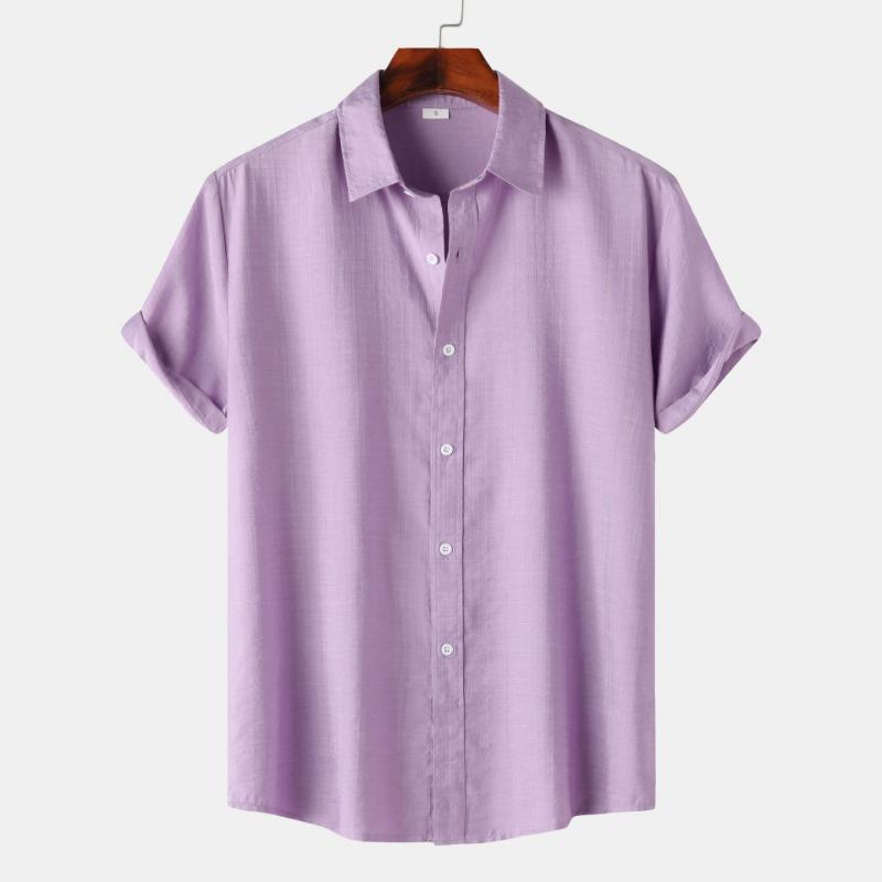 Men Solid Color Linen Short Sleeve Shirt Loose Casual Summer Button Up Top