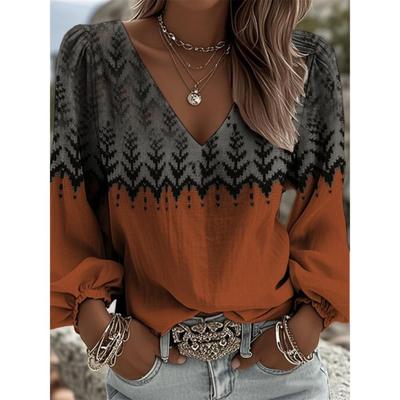 Retro Ethnic V-neck Women's Long-sleeved Top with Lantern Sleeves Featuring Totem Print In Bohemian Style, Suitable for All Seasons