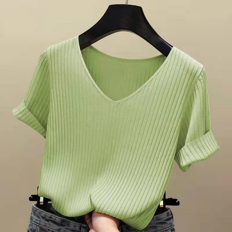 Korte mouwen T-shirt Dames Zomer Koreaanse Versie Slim-fit Halve mouwen V-hals Gebreide Basis Blouse Blouse Vrouw 2XL groen