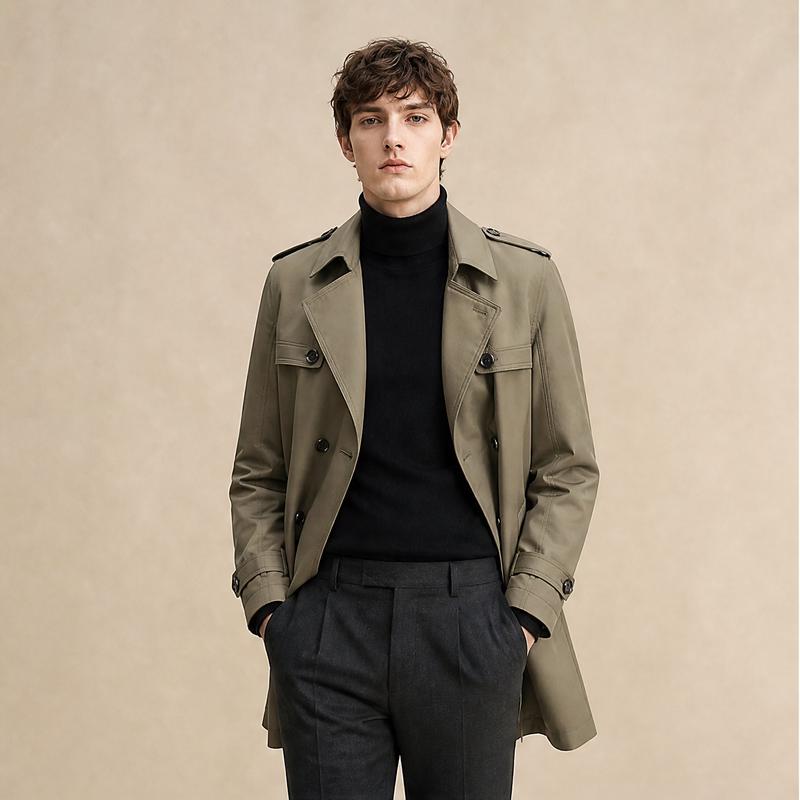 JOW Men's Mid-Length Lapel Trench Coat
