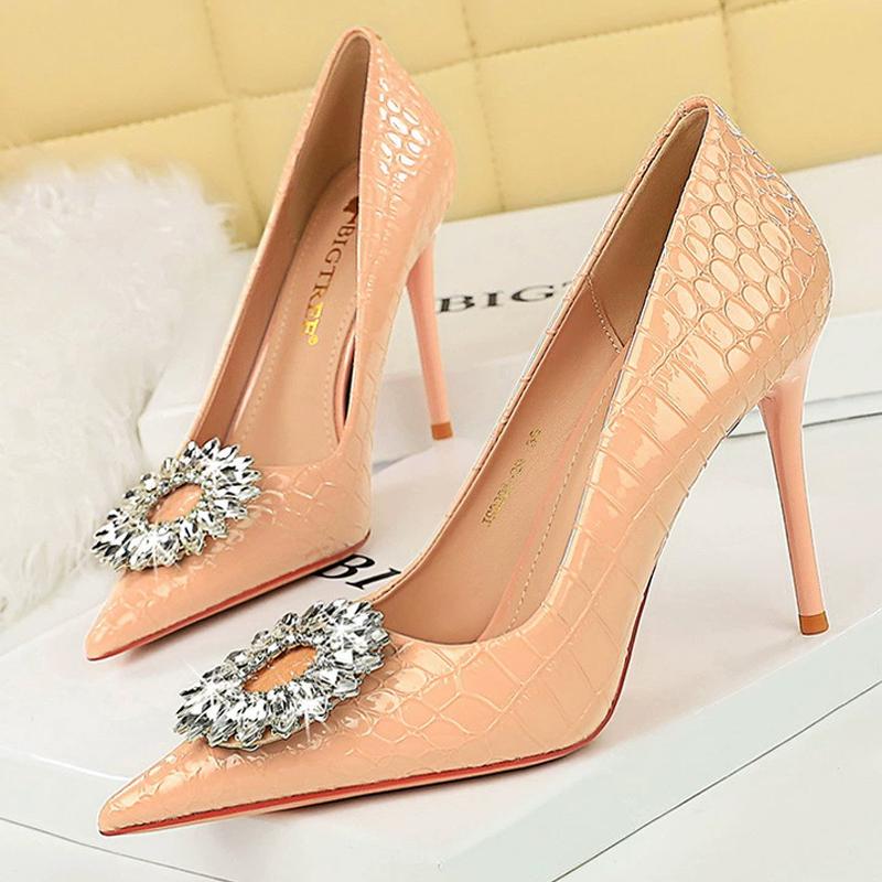 Fashion Women Pumps Patent Leather Snake Patterned Rhinestone High Heels 10 CM Stilettos Sexy Party Shoes Luxury Women Heels