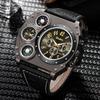 Luxus Herren-Quarzuhren mit großem Zifferblatt Mode Dual-Zeitzonen-Lederarmbanduhr Persönlichkeit Punk Männliche Chronographen-Armbanduhr