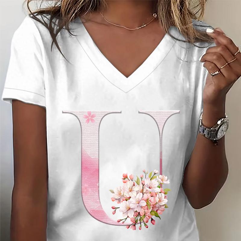 Pink Sakura 26 Alphabet Fashion Casual Tops Unisex Cherry Blossom Lover Vneck Short Sleeve Tshirt Letter R Floral Gift Clothing
