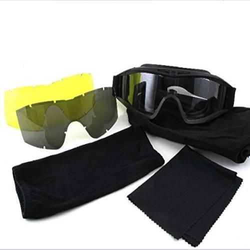 Lightweight, anti-fog, tactical airsoft goggles with three interchangeable lens colors, ventilation, and a dustproof storage holder. Available at TOKY