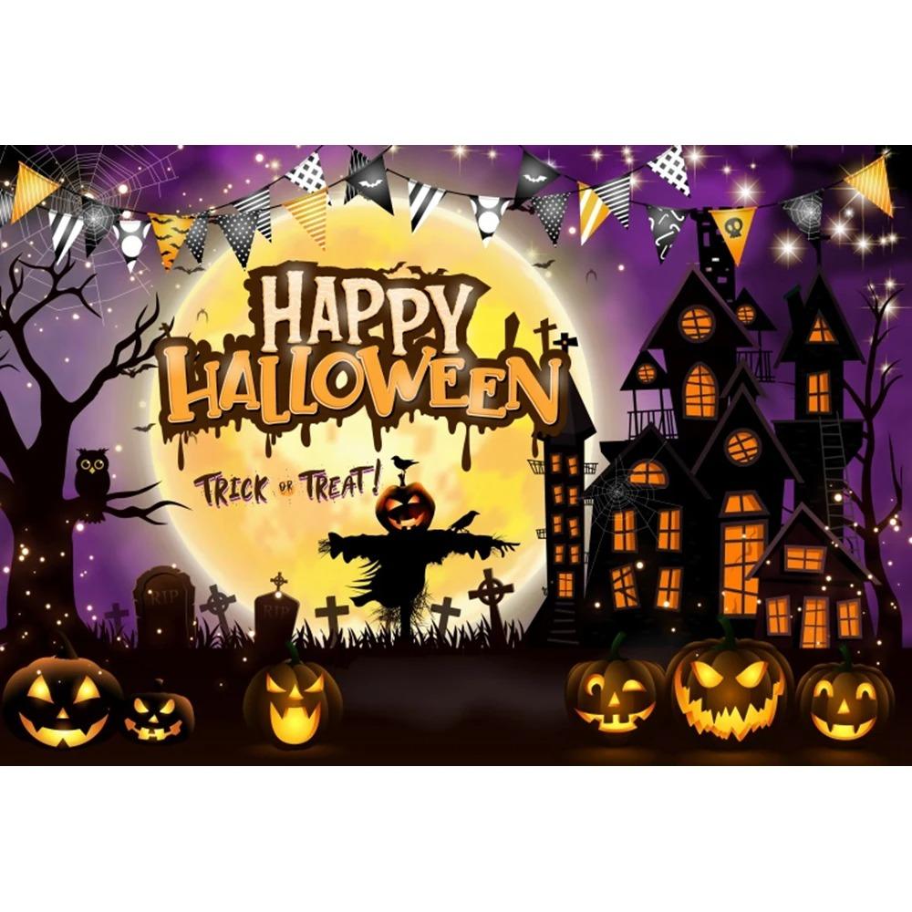 Circus Halloween Background Hanging Cloth Full Moon Night Witch Skull Carnival Party Decoration Background Photography Studio