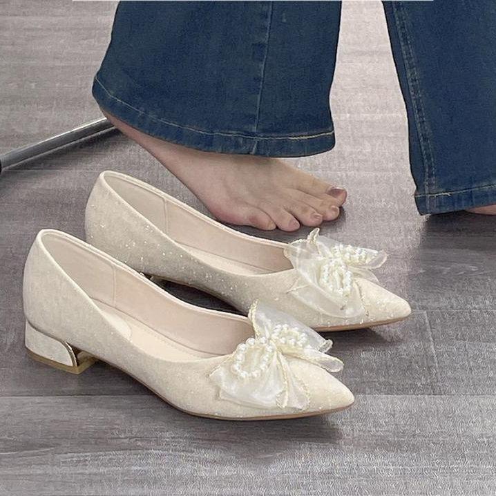 French Shoes 2025 New Summer Shallow Mouth Internet Celebrity Thick Heel Bridesmaid Pointed Head with Skirt Versatile Temperament Single Shoes Women