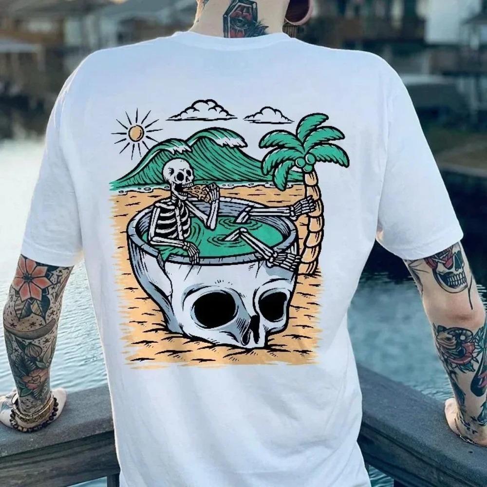 Gothic Biker Skull Printed Men's T-Shirt Cotton Fashion Short Sleeve High Quality Tops Punk Skulls Retro Casual Oversized Tees