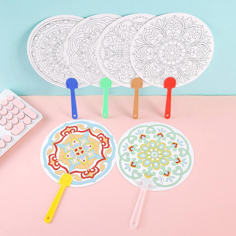 10 Pcs Blank Floral Pattern DIY Coloring Craft Round Paper Fans Hand Painting for Kids School Art Projects Birthday Party Favors