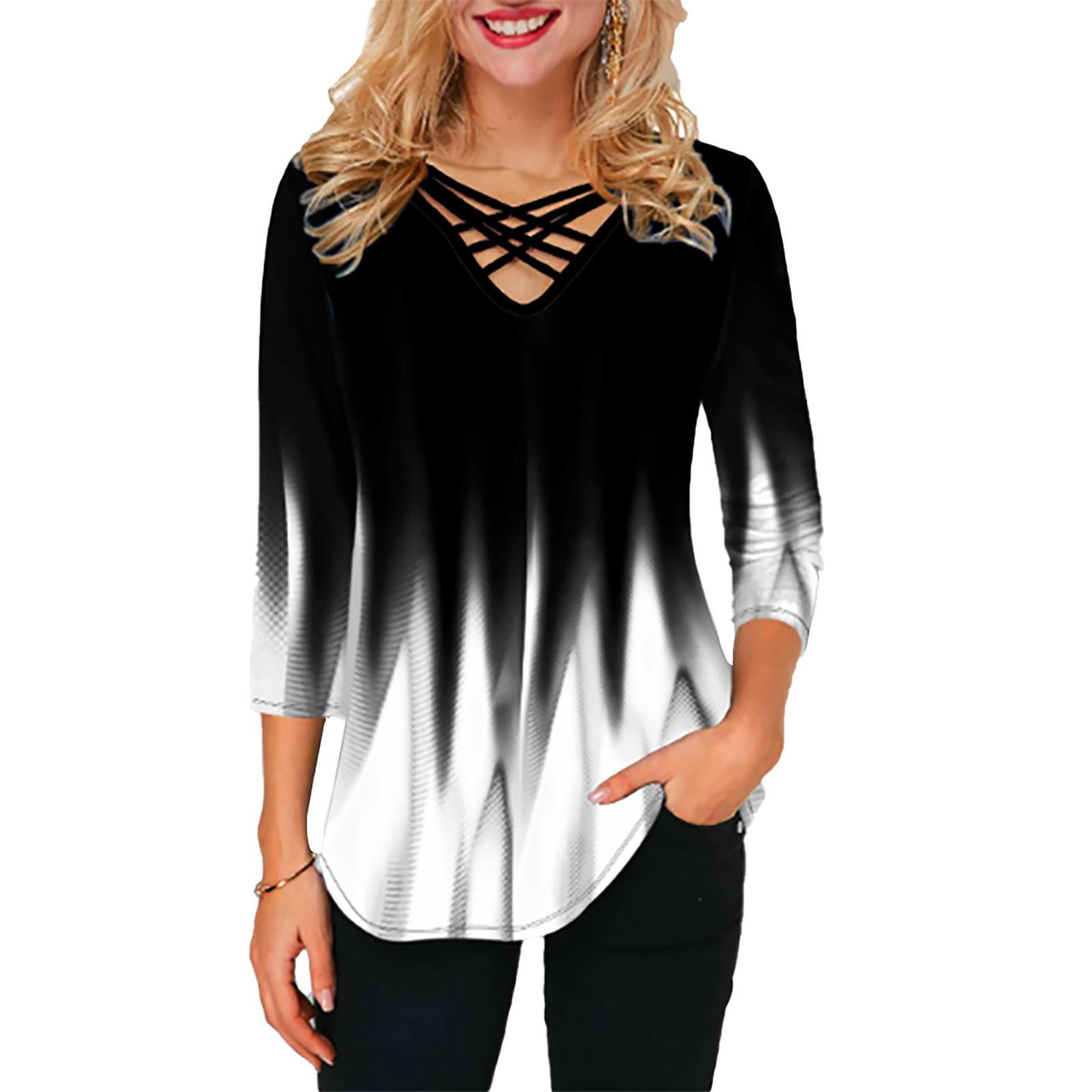 

Ladies Casual Loose Pullover V-neck Loose Blouse Pullover Printed T-Shirt L білий