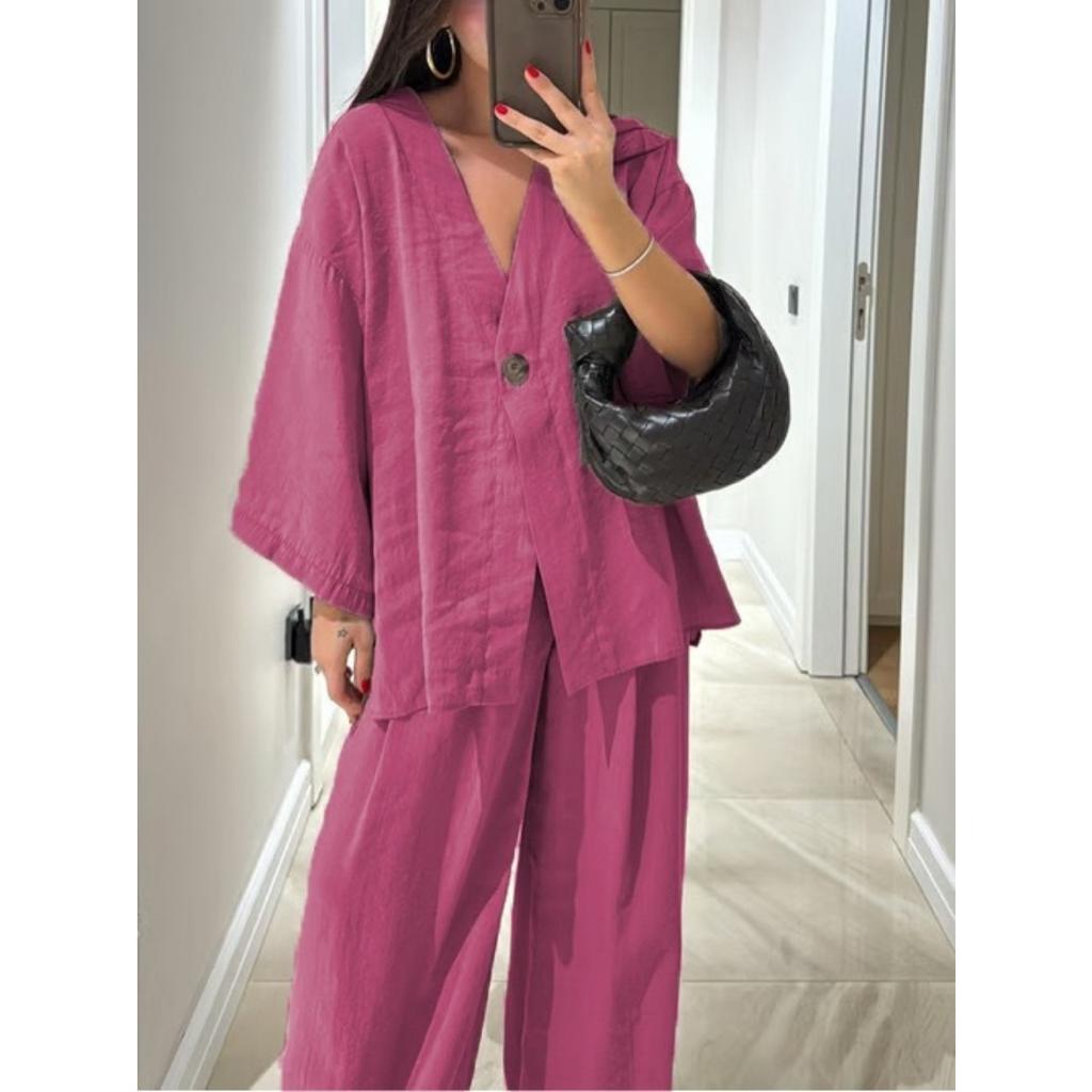 Causal Oversized Solid Pant Suit Women Single Button Long Sleeve V-neck Shirt Set Summer Casual Lady Streetwear