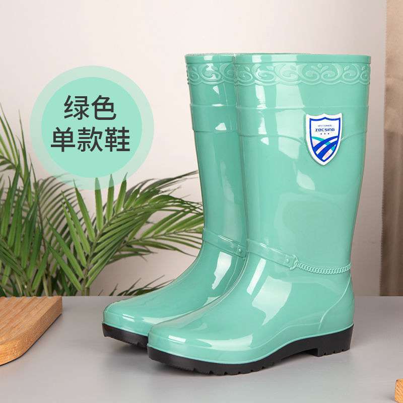 High tube rain shoes water shoes women's long tube rain boots warm beef tendon thick sole catch the sea water boots car wash kitchen work rubber shoes