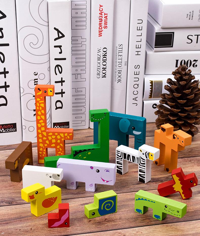 Wooden Animal 3D Puzzle Blocks for Children's Early Education