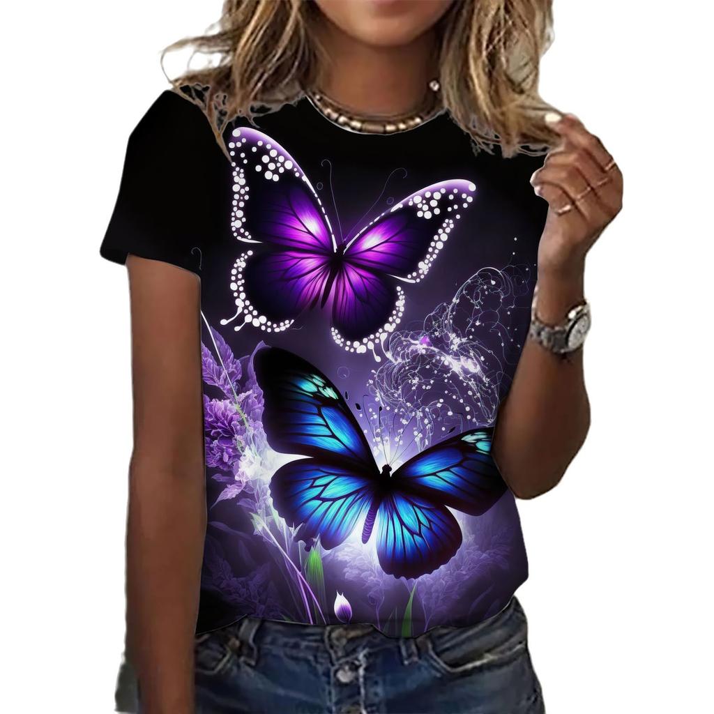 Round Neck Short Sleeved Women's Summer Casual Slim Fit 3D Printed Short Sleeved T-shirt