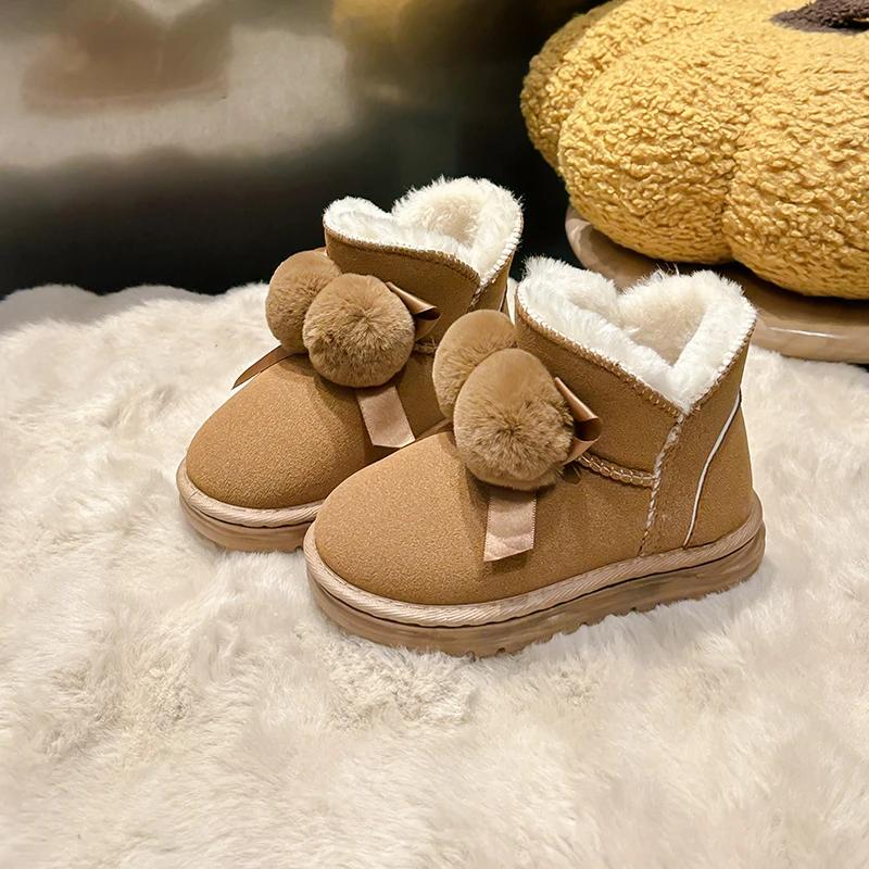 New Girl Snow Boots Warm Plush Winter Shoes for Children Outdoor Versatile Kids Causal Cotton Boots Fashion Sweet Ball Hairball