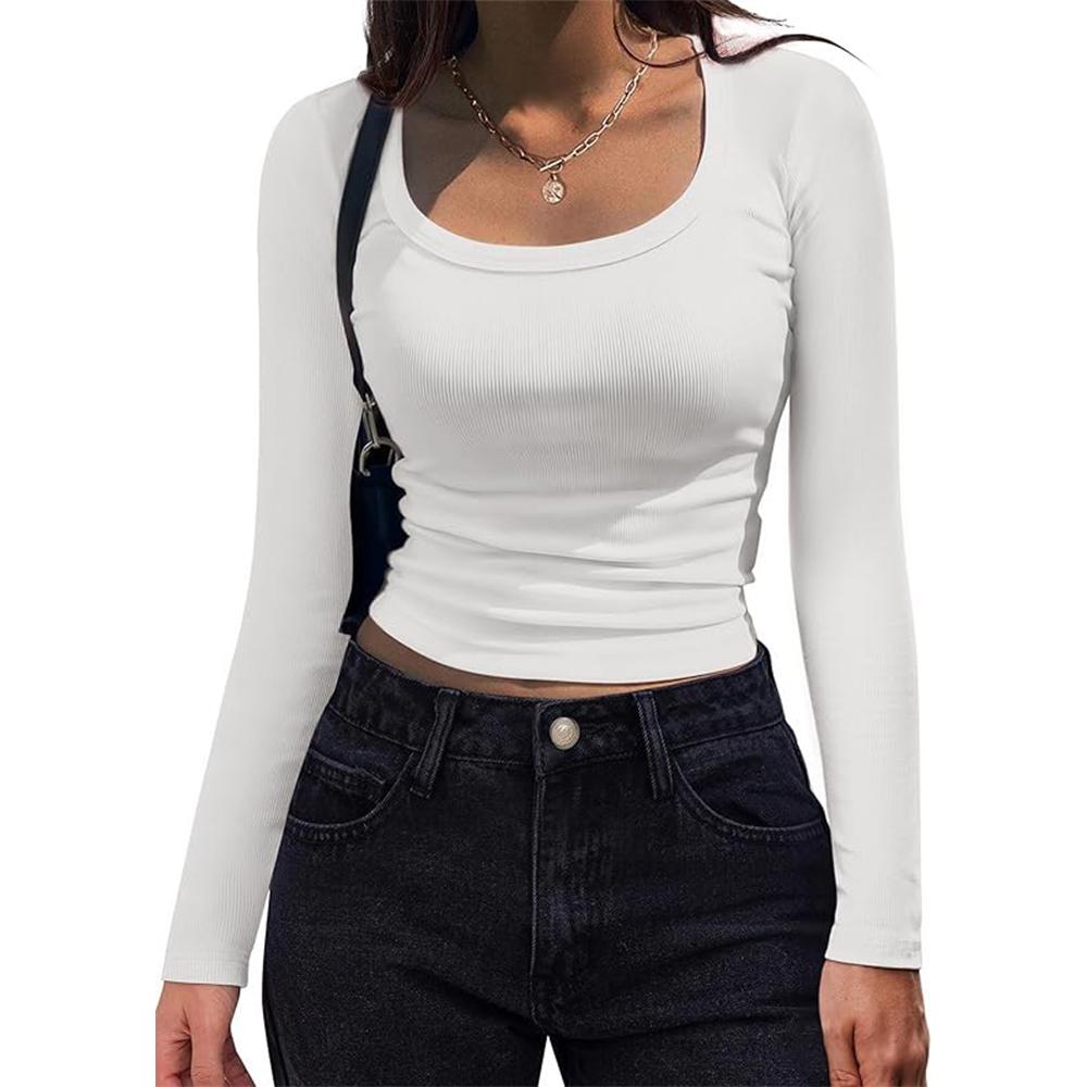 

Женские рубашки с длинным рукавом и круглым вырезом, повседневные облегающие топы из трикотажа в рубчик, летние и осенние, базовые деловые футболки S белый