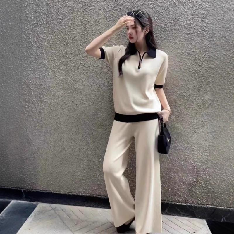 Womens Knit Polo Top Wide-Leg Pants Set 2025 Loose Fit Slimming Casual Outfit In Black Gray Camel