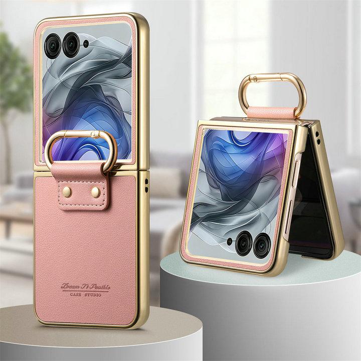 

Luxury Case for Motorola Moto Razr 60 Ultra 5G 2025 Armor Leather Back Panel Ring Cover Moto Razr 50 Ultra Case Razr Plus Funda Moto Razr Plus 2024 рожевий