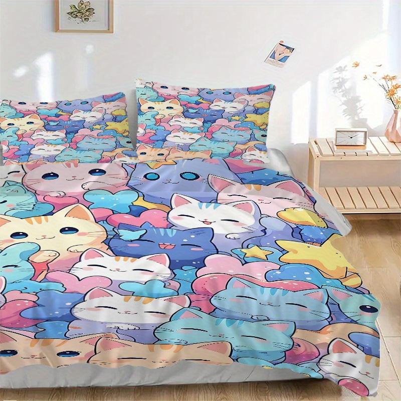 3pcs Cats Pastel Bedding Cover Set, Fashion Classic Popular Print Bedding Set, Soft Comfortable, All Season Use, For Bedroom, Guest Rooma0819139