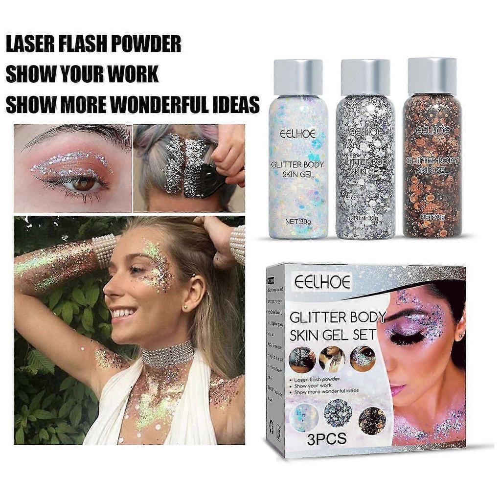 Vibrant Fish Scale Glitter Gel Set 3PCS Color-Shifting Eyeshadow & Body Makeup for Stage, Parties & Festivals Long-Lasting, Safe, Easy To Apply for