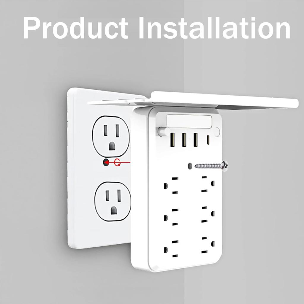 10-in-1 Wand-Mehrfachsteckdose mit Nachtlicht, Montierbarer Steckdosenverteiler 8 AC-Steckdosen, 4 USB-Anschlüsse