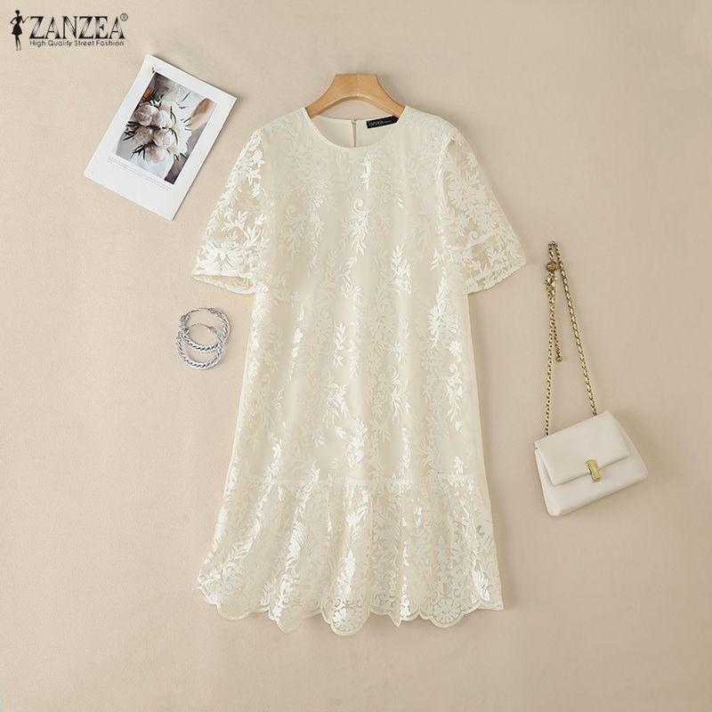 ZANZEA Women Casual Round Neck Lace Patchwork Short Sleeve Dress