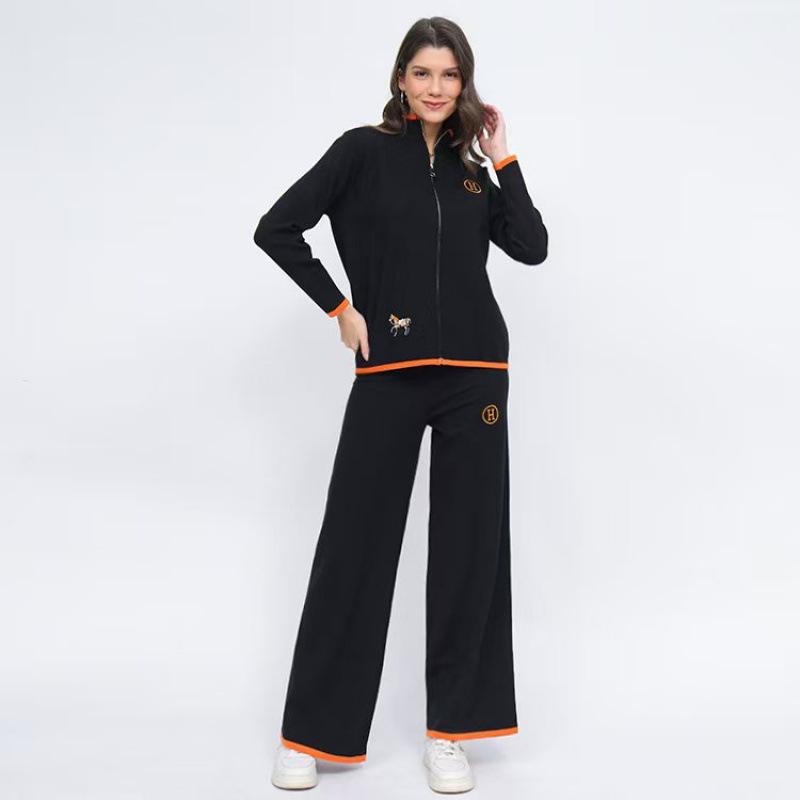 European-American Prancing Horse Embroidery Color Block Knit Outerwear & Pants Set