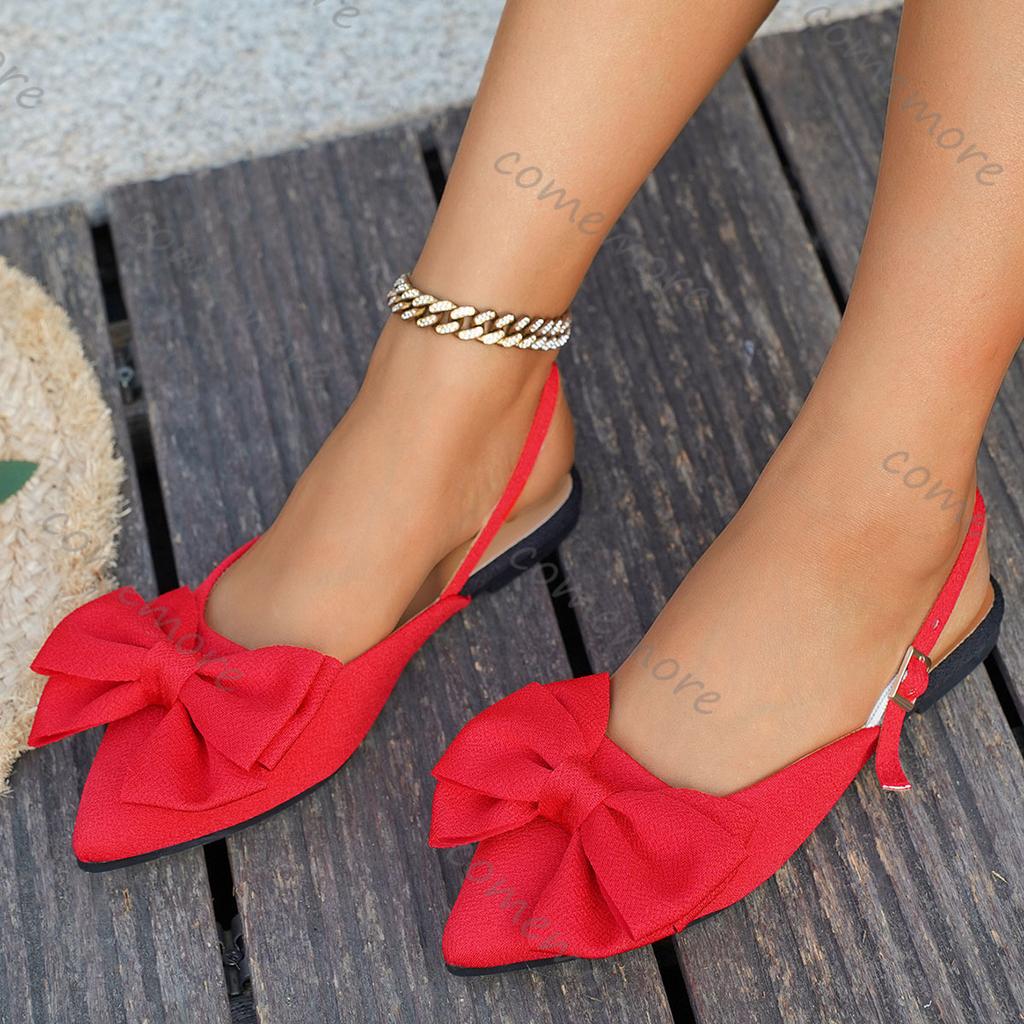 Fashion Comemore Summer Flat Bow Baotou Sandals 2025 Summer New Large Size Pointed Toe Back Empty Casual Women Shoes Solid Suede Sandal