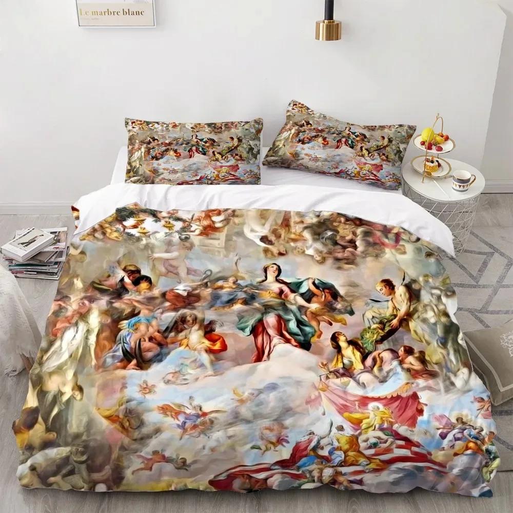 Angel  Oil Painting Bedding Set Ancient Art Duvet Cover Cartoon Warm Bed Quilt Cover Kids Bedroom Bed Cover Set Green