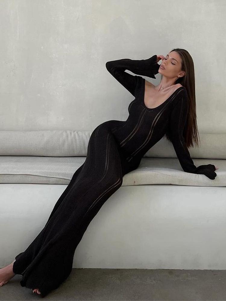 

Элегантное трикотажное платье женское тонкое с V-образным вырезом сексуальное ажурное платье женское осеннее модное пляжное платье мягкое длинное платье для леди M чёрный