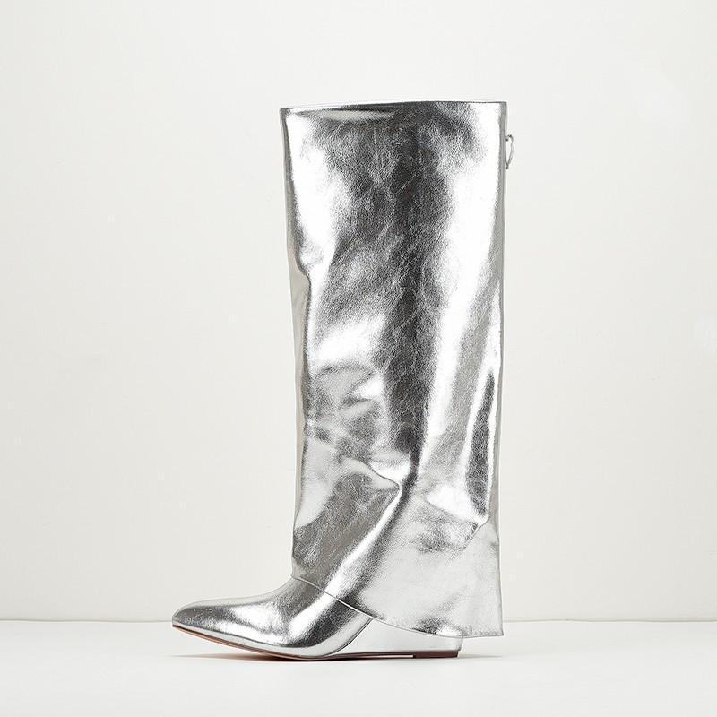 Stivali Pantalone Americani Taglia Larga 42 Argento Punta Tonda Tacco Alto Zip Stivali Alti Fino al Ginocchio Stile Europeo e Americano