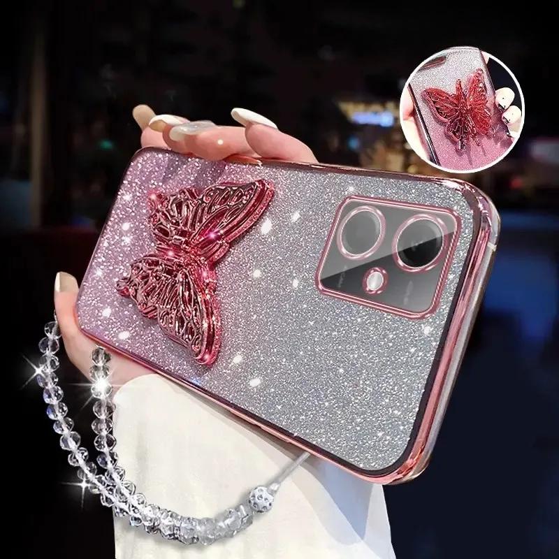 3D Butterfly Phone Holder Crystal Bracelet Glitter Plating Case for Xiaomi POCO X5 Pro 5G Back Cover