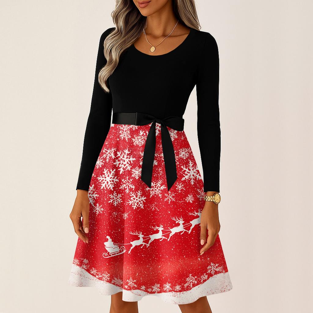 Kadın Günlük Moda Uzun Kollu Noel Grafik Baskılı Vintage Uzun Elbiseler