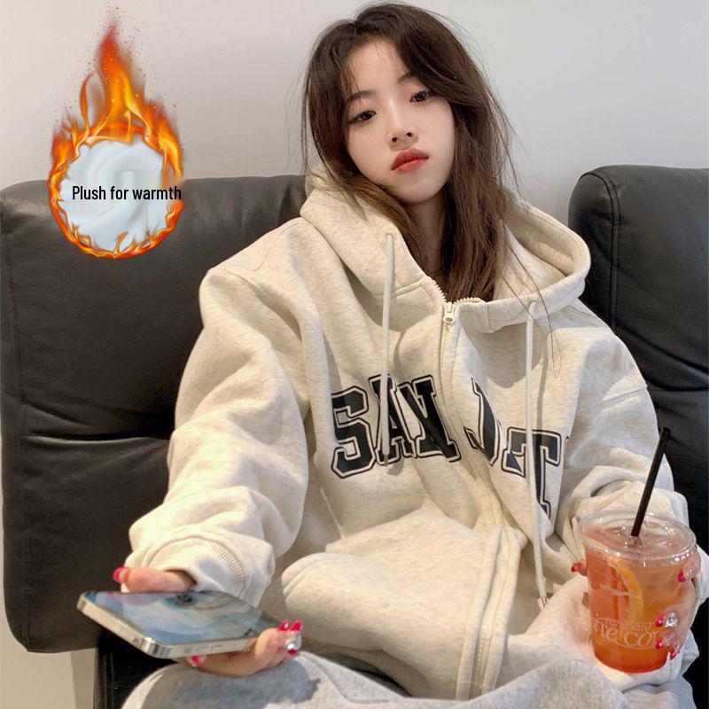 

Retro Velvet Hooded Cardigan Sweatshirt for Women - Autumn/Winter 2023, Loose Fit, Unisex. 2XL (115-135 jin)