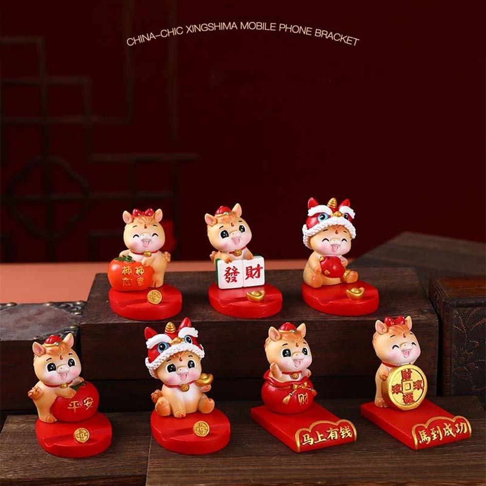 Mascot Horse Year Figurines Resin Crafts Mobile Phone Stand Lion Dance Ornaments Home Party Decor