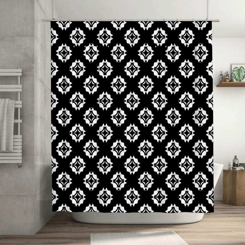 White Black Geometric Shower Curtain with Metal Hook Rings Decorative Bath Liner for Home Use