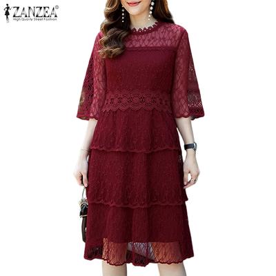 Women Summer Casual Round Neck Hollow Mesh Half Sleeve Dress