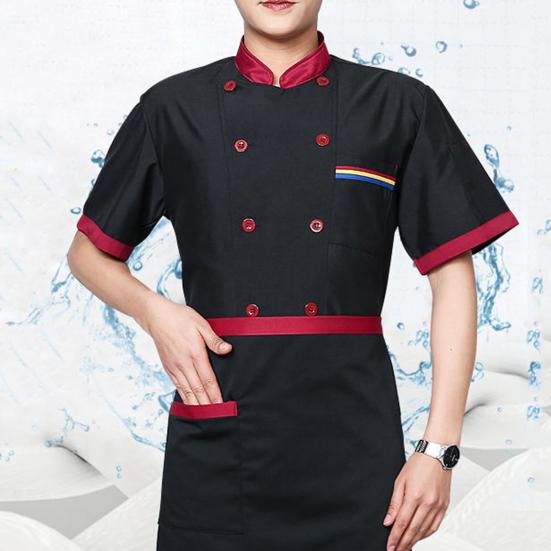 Veste de chef unisexe, couleur assortie, double boutonnage, manches courtes, col montant, uniforme de service alimentaire, chemise de chef, haut de serveur pour la cuisine